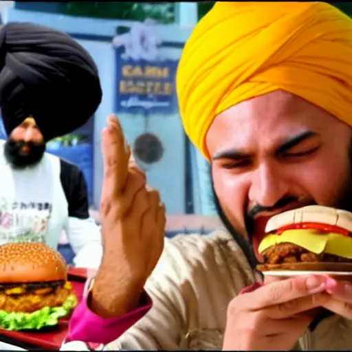 Prompt: sikh eating burger, still from dragon ball z