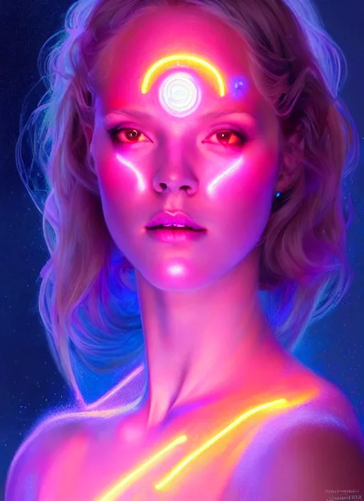 Prompt: a android faceless glowing liquefied stardust adventurer, dnd fantasy character, full body portrait, glowing neon skin, magical aura, ultra realistic, intricate, elegant, highly detailed, digital painting, artstation, smooth, sharp, focus, illustration, art by artgerm and greg rutkowski and alphonse mucha