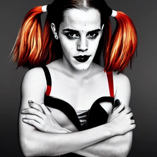 Prompt: Portrait of Emma Watson as Harley Quinn, by Martin Schoeller