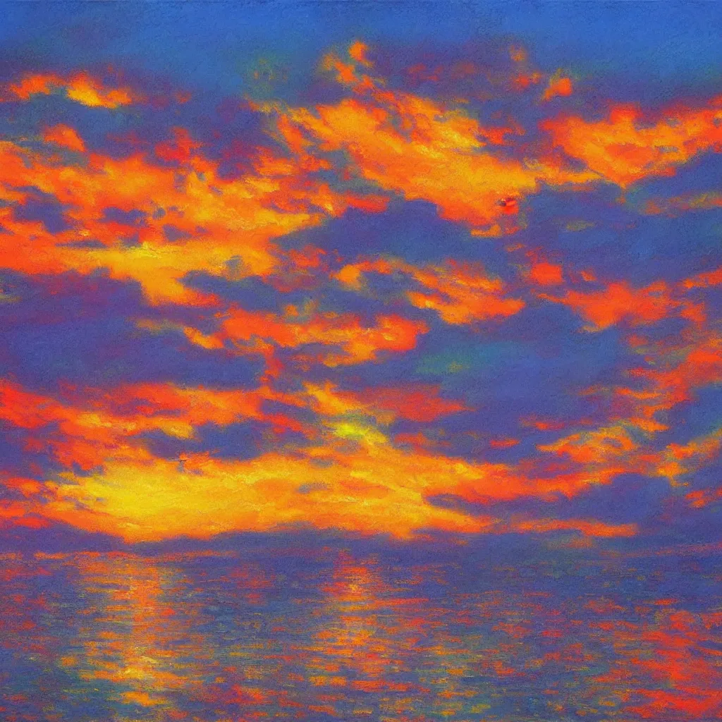 Prompt: an impasto oil painting of a stunning, colorful sunset painted by ken hong leung, pastel colors, complementary colors