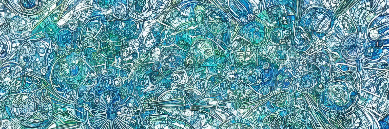 Prompt: shades of blue and green forming art nouveau explosions, white lining, vivid colors, intricate, ornate, circuitry, gears, sparkle, extremely hyperdetailed line art, sharp focus