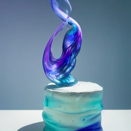 Prompt: birthday cake, realistic, render, translucent blown glass wave sculpture blue and purple, caspar david friedrich, greg rutkowski, benoit b mandelbrot, wlop