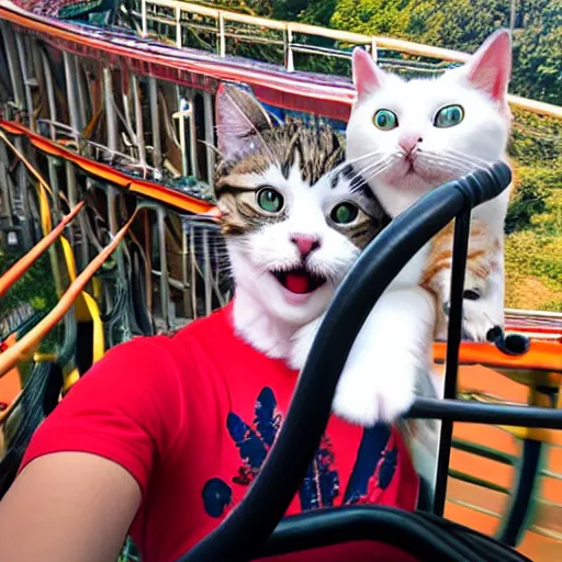 Image similar to selfie of an excited cat riding a roller - coaster