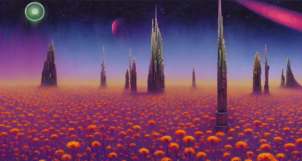 Image similar to a beautiful cinematic view of a large up close 3 d mystical alien shrine in a field of multicolored flowers, underneath a star filled night sky, harold newton, zdzislaw beksinski, donato giancola, warm coloured, gigantic pillars and flowers, maschinen krieger, beeple, star trek, star wars, ilm, atmospheric perspective