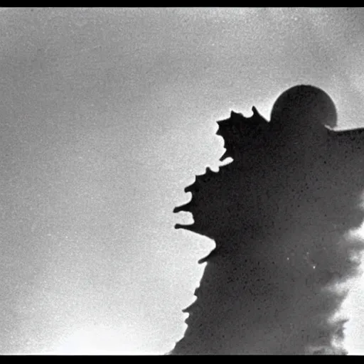 Image similar to Kaiju Starro, fog, Ishirō Honda, vintage movie shot, Orson Welles, fog, night, missile explosions