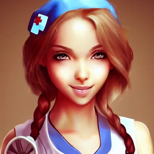 Prompt: very beautiful female nurse, smiling, flirty, eye contact, perfect face, perfect body, drawn by artgerm