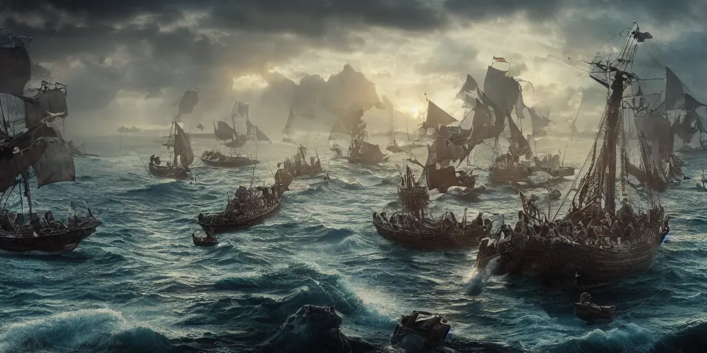 Image similar to An Epic viking sea battle, realistic 4k octane beautifully detailed render, 4k post-processing, highly detailed, intricate complexity, epic composition, magical atmosphere, cinematic lighting, masterpiece, ultra hd