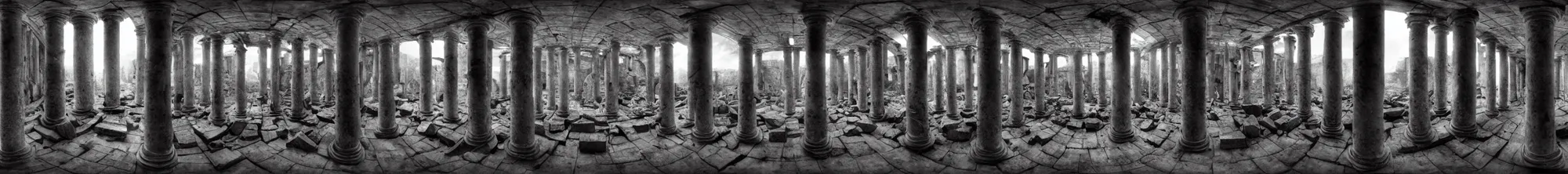 Image similar to photo of an immersive forgotten panopticon well, with columns and destroyed cybernetics from an ancient civilization, photorealistic, higly detailed dark, 3 6 0 picture, panorama, 3 5 mm slide, trending on flickr, in the style of francesca woodman, zachary corzine, zhelong xu, greg rutkowski and anders zorn