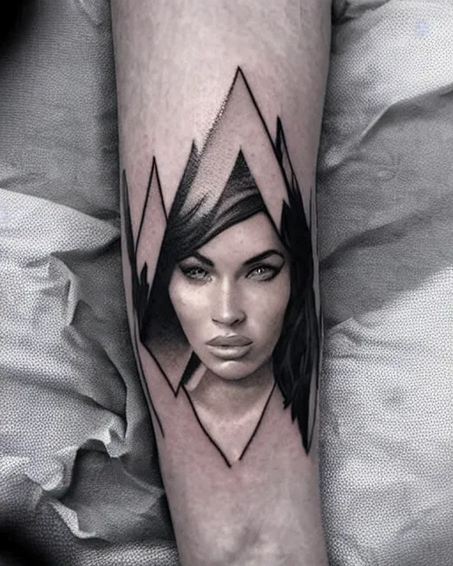 Image similar to creative double exposure effect tattoo design sketch of megan fox faded in beautiful mountain scenery, realism tattoo, in the style of matteo pasqualin, amazing detail, sharp