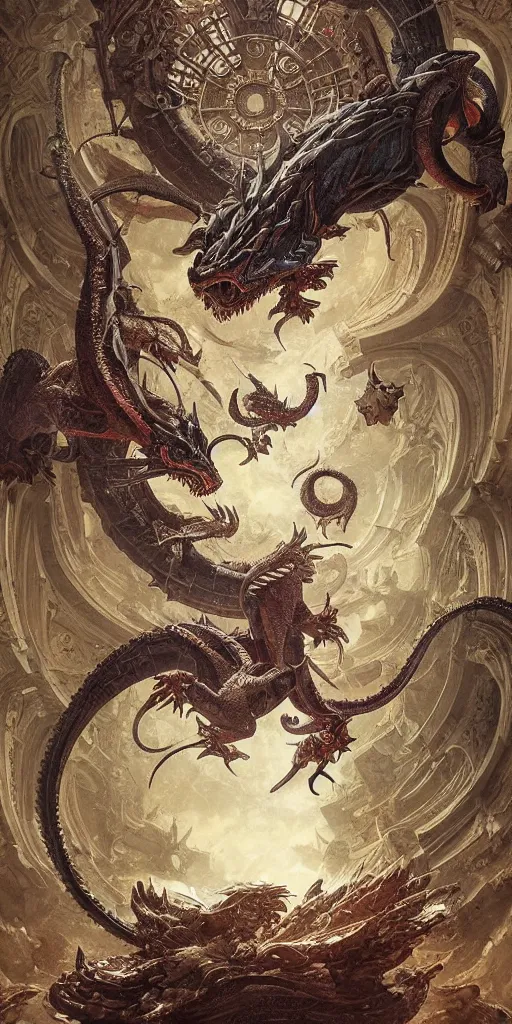 Image similar to epic fight of colorful Ouroboros and water dragon floating around inside an ancient mage castle hall colossal scale, gothic and baroque, brutalist architecture, ultradetailed, intricate details by Ellen Jewett and Ayami Kojima