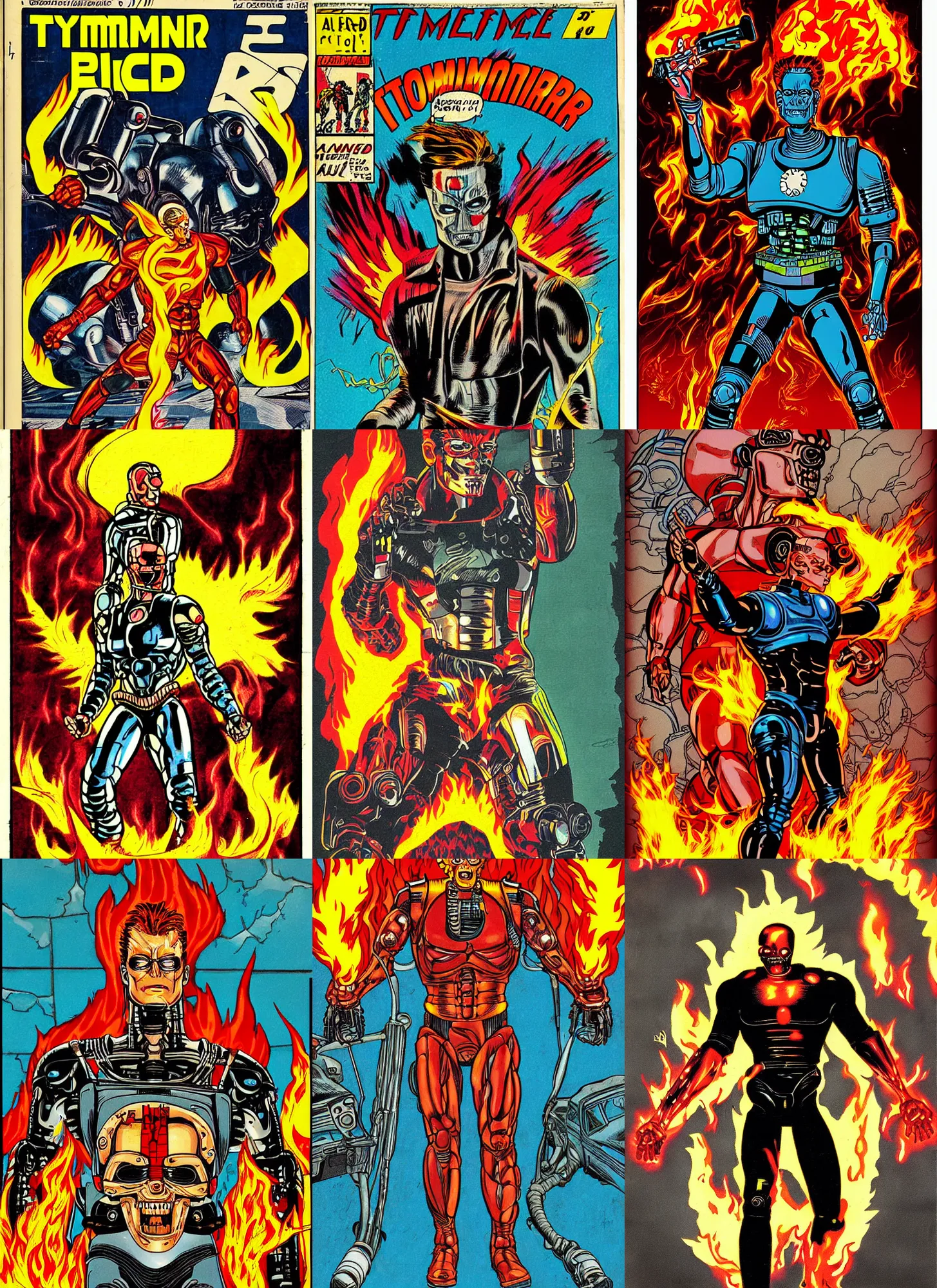 Prompt: retro comic book cover of the terminator android surrounded by flames by gabz