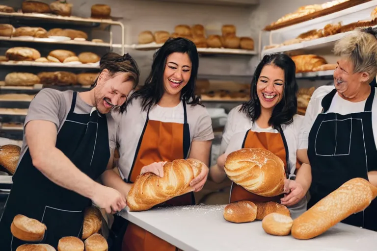 Prompt: 3 people in a bakery laughing at bread,