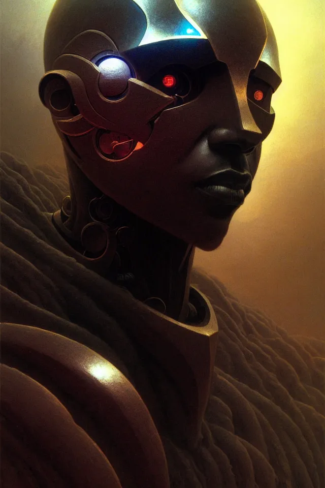 Prompt: a striking portrait of a black cyborg god king by moebius and hr gigerr and beksinski, trending on artstation, digital art, 4 k resolution, detailed, high quality, sharp focus, hq artwork, insane detail, cinematic, volumetric lighting, character concept art, fine details, clear face