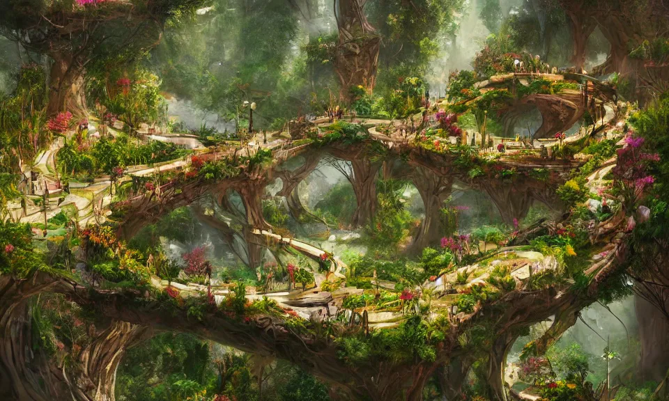 Image similar to a beautiful nature civilization, fancy, flowers, bridges, nature city, people, tree houses, trending on artstation, behance, deviantart