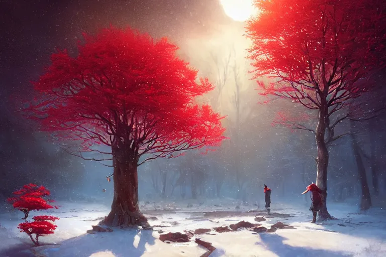 Image similar to giant tree in snow with red flowers, unreal engine, fantasy art by greg rutkowski, loish, rhads, ferdinand knab, makoto shinkai and lois van baarle, ilya kuvshinov, rossdraws, tom bagshaw, global illumination, radiant light, detailed and intricate environment