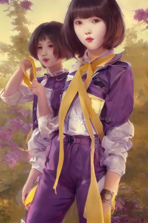 Image similar to Full View portrait of Eunha and other girls from Viviz and gFriend wearing a purple military uniform and short puffy pants, white leggings, Golden Ribbon, and a billowy scarf making a cute pose. masterpiece 4k digital illustration by Ruan Jia and Mandy Jurgens and Artgerm and greg rutkowski, award winning, Artstation, art nouveau aesthetic, Alphonse Mucha background, intricate details, realistic, panoramic view, Hyperdetailed, 8k resolution, intricate art nouveau