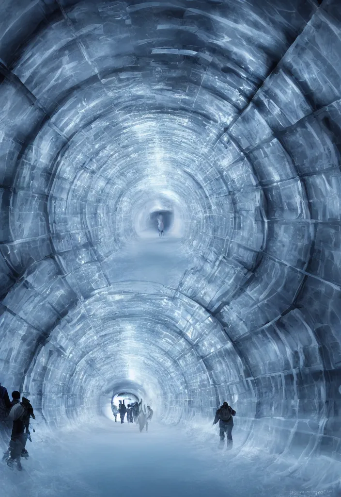 Image similar to Multiple connecting ice tunnels in antartica, multiple people moving around the tunnels, facinating and imposing, fantasy digital art, octane render, beautiful composition, trending on artstation, award-winning photograph, masterpiece