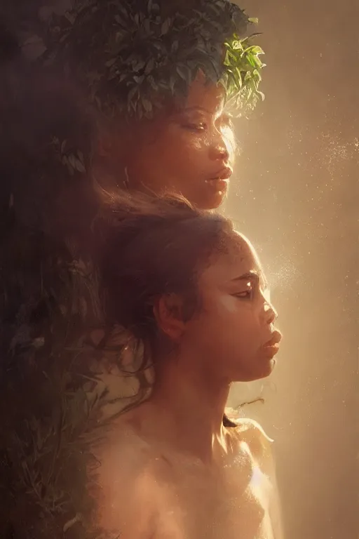 Image similar to full body beautiful mulatto caught by a predatory plant venus flycatcher, gorgeous, close-up portrait, intricate, elegant, volumetric lighting, scenery, digital painting, highly detailed, artstation, sharp focus, illustration, concept art, ruan jia, steve mccurry