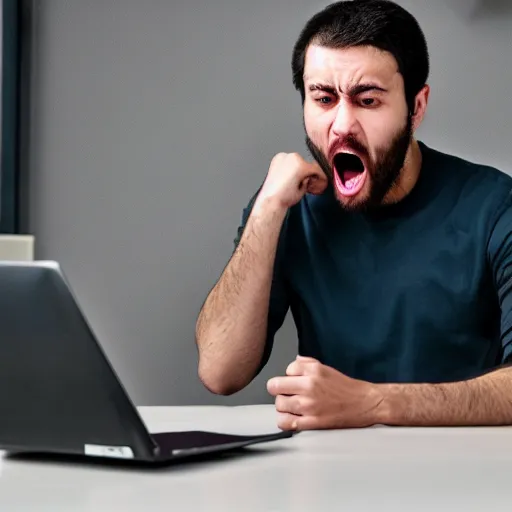 Prompt: A software developer sitting at a desk in a dimly lit office, yelling at his computer, award-winning photograph, cinematic, 8k