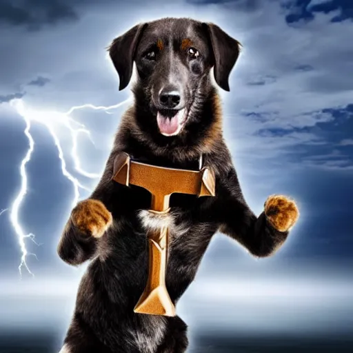 Image similar to a canine thor holding thor's hammer in its paw, dramatic lightning background, flying