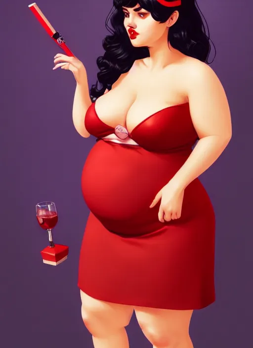 Image similar to full body portrait of teenage veronica lodge, obese, bangs, sultry, realistic, sultry smirk, wavy hair, red skirt, fat, belly, intricate, elegant, glowing lights, highly detailed, digital painting, artstation, concept art, smooth, sharp focus, illustration, art by wlop, mars ravelo and greg rutkowski