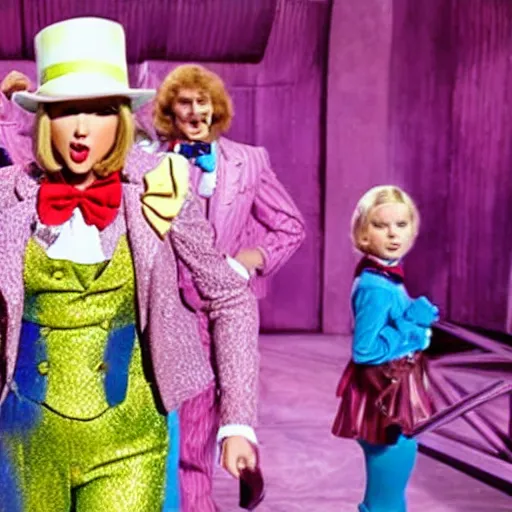 Prompt: still of taylor swift as willy wonka in willy wonka and the chocolate factory
