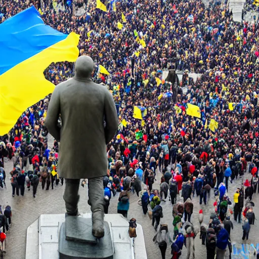 Image similar to a crowd of people with ukrainian flags bring down statue of vladimir lenin, leica sl 2 5 0 mm, dslr, vivid color, high quality, high textured, real life