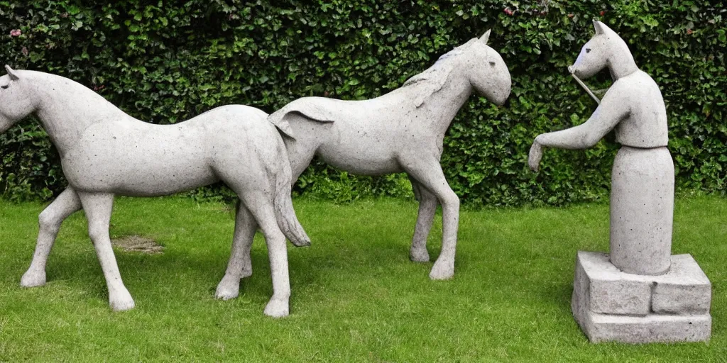 Prompt: folk art carved concrete statue of a horse rearing up, in an english cottage garden