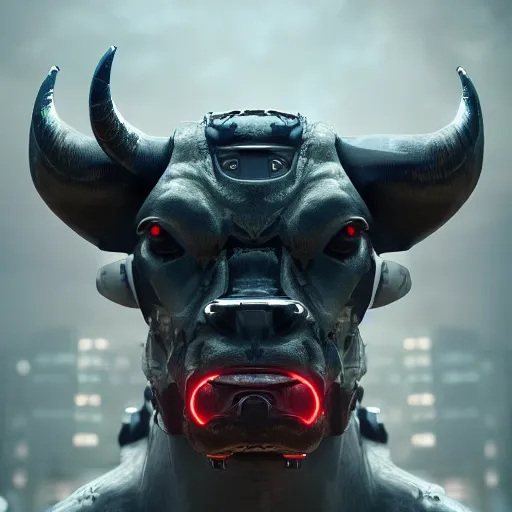 Image similar to a cyborg ( bull ) modeled after a bull looking into the camera, android, cyborg, half body, intricate, 3 d, hyper realism, fantasy, depth of field, octane render, symmetrical, highly detailed, digital art, artstation, concept art, cinematic lighting, trending