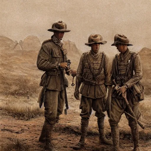 Prompt: ultra detailed photorealistic sepia - toned painting from 1 9 1 7, three british soldiers standing at an archaeological dig site in wadi rum, ultra realistic, painted, intricate details, lovecraft, atmospheric, dark, horror, brooding, highly detailed, by dave dorman