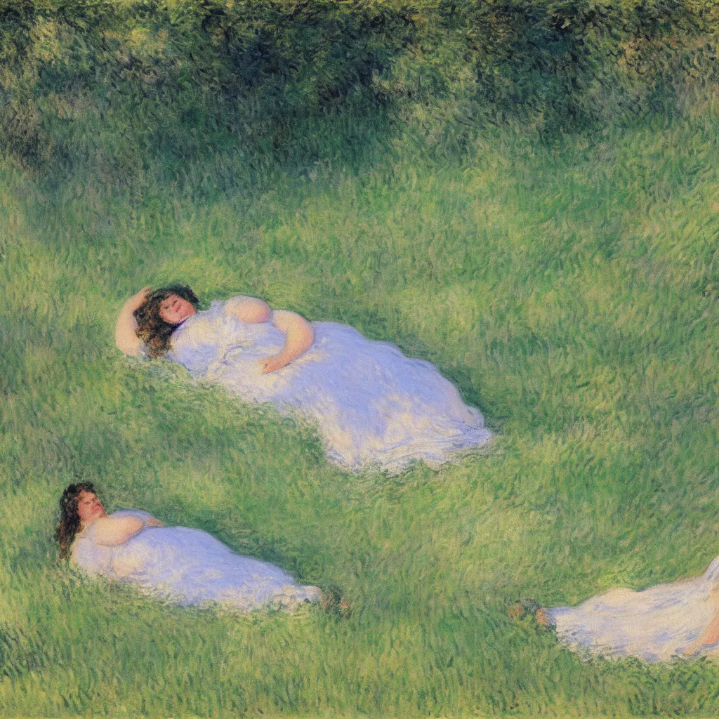 Prompt: a painting of a beautiful fat woman resting in the grass of a shady green park, by Monet