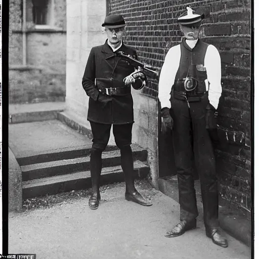 Image similar to A 1920\'s London police inspector with a stern look pointing his gun towards a frightened young man with long hair against a stone wall