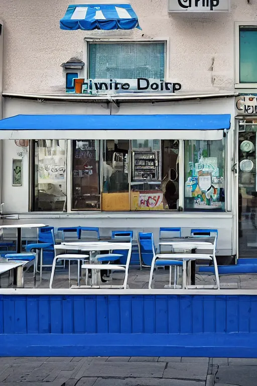 Image similar to a cup of coffee sitting on top of a white table diner booth, high angle, blue booth seats, a hyperrealistic photo by IAN SPRIGGS, flickr, conceptual art, photo taken with ektachrome, photo taken with provia, kodak portrait