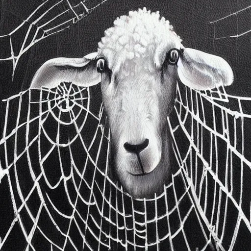 Prompt: a beautiful painting the sheep included a spider web, hyper realistic, one line, grey scale