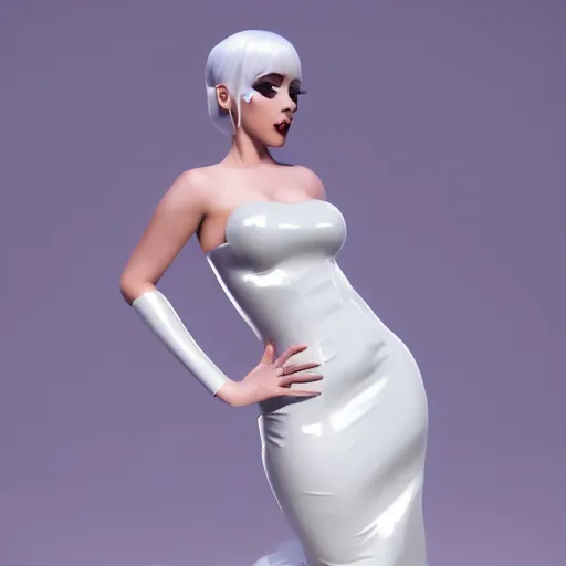 Image similar to an elegant curvy feminine pale goth cutie wearing an elaborate tight latex-nylon-leather white tube gown, thin waist, tube-top dress, cgsociety, photorealistic, sublime comforting ambience, 16k, smooth, sharp focus, trending on ArtStation, volumetric lighting, worksafe