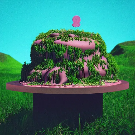 Prompt: “ a birthday cake in a lush landscape by Beeple”