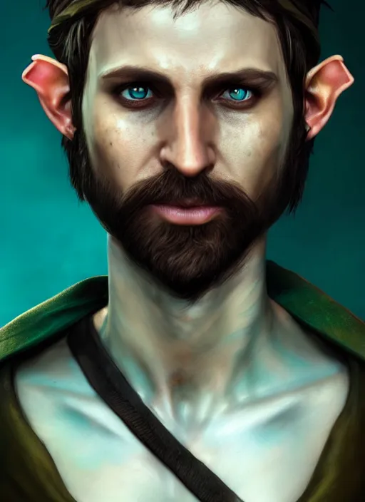 Image similar to A striking epic hyper real comic book style portait painting of an arrogant half-elf ranger, teal tunic, teal headband, shaggy brown hair, scruffy beard, scar on face, D&D Concept Art, unreal 5, DAZ, Apex legends concept art, hyperrealistic, octane render, cosplay, RPG portrait, dynamic lighting