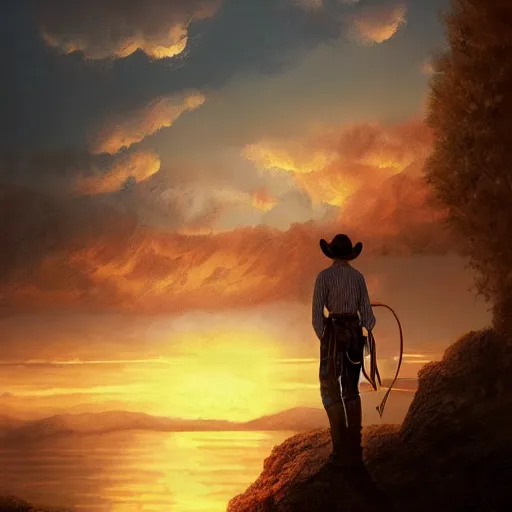 Image similar to a wounded cowboy watching a sunset, concept art, DeviantArt, art station, illustration, highly detailed, artwork, cinematic, hyper realistic