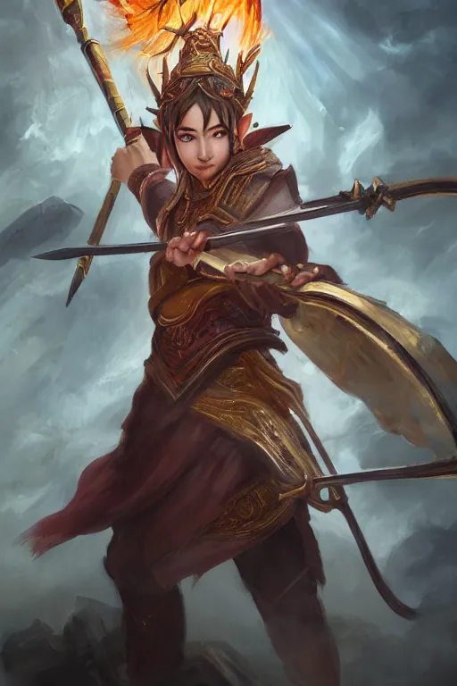 Image similar to a masterpiece portrait of nezha, young elf prince holding spear, flame everywhere, epic pose, fantasy character portrait, closeup shot, hyper detailed, digital painting, 8 k realistic, trending on artstation, sharp focus, dof, by fenghua zhong, artgerm, ne zha from smite, jeff easley, raymond swanland