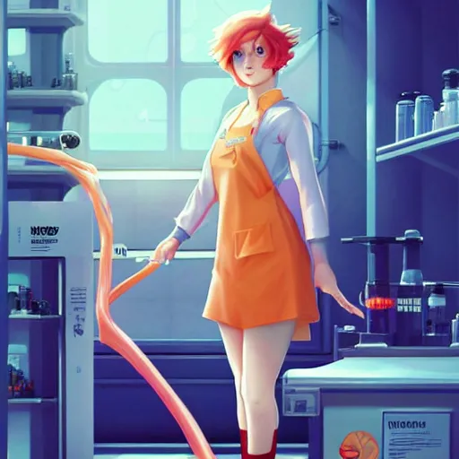 Image similar to British Pokemon original character with peach colored hair and heterochromia, Pixar style, beautiful woman, scientist, standing in a lab in front of a giant containment liquid filled tank, by Tristan Eaton Stanley Artgerm and Tom Bagshaw, Makoto Shinkai ilya kuvshinov and Wojtek Fus