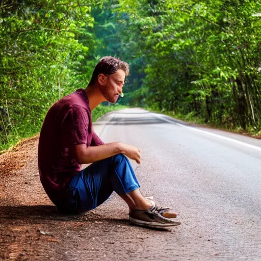 Prompt: A man sitting on a beautiful road in a forest with Nutmeg trees lined up on the side of the road with his back to the camera, professional photography