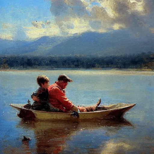 Image similar to painting of dad and son thinking together in boot on a calm lake, by pino daeni