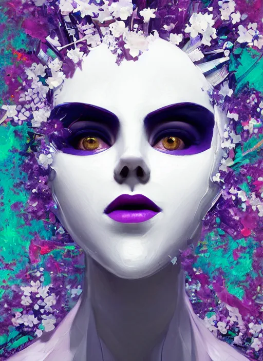 Prompt: a painting by artgerm of a 3 d white robot head with flowers growing out, highly detailed, color bleeding, pixel sorting, plain purple background, studio lighting, high contrast, bold composition, abstract paint color splotches