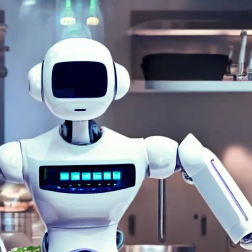 Image similar to a robot preparing a meal in a kitchen, cyberpunk, sci-fi, coherent like Dall-E 2