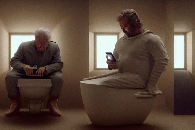 Image similar to hyperrealism aesthetic ridley scott and denis villeneuve style photography of a detailed giant, siting on a detailed ultra huge toilet and scrolling his smartphone in hyperrealism scene from detailed art house movie in style of alejandro jodorowsky and wes anderson