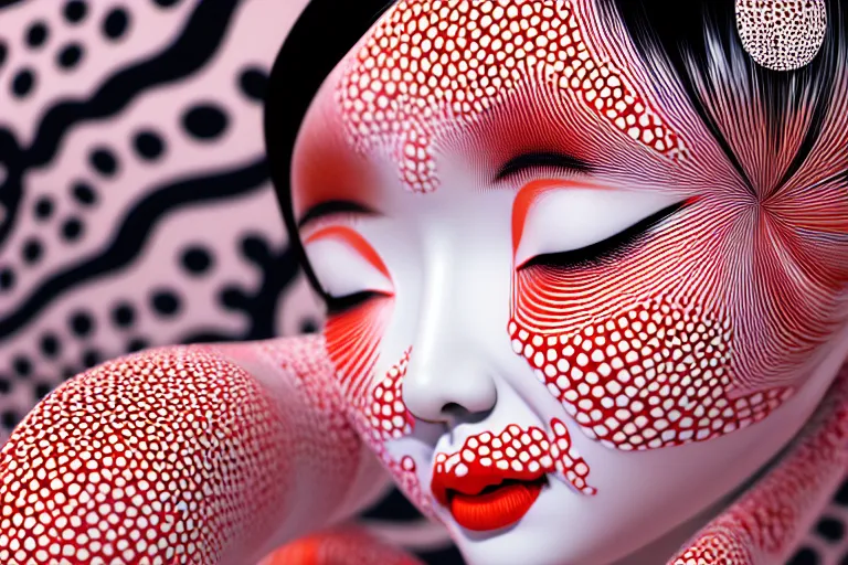 Image similar to hyperrealistic detailed image of a geisha laying in a art installation room, hd smooth interior by yayoi kusama, part by kei mieno, part by alex gray, part by ross tran, part by james jean, ultra realistic, highly detailed, life like face, detailed body, 8 k, octane render, trending on artstation, very cohesive, masterpiece