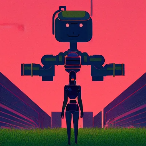 Image similar to a graph - style woman walking across a lush green field, a huge robot head in front of her, cyberpunk art by by james gilleard, cgsociety, retrofuturism, synthwave, retrowave, outrun