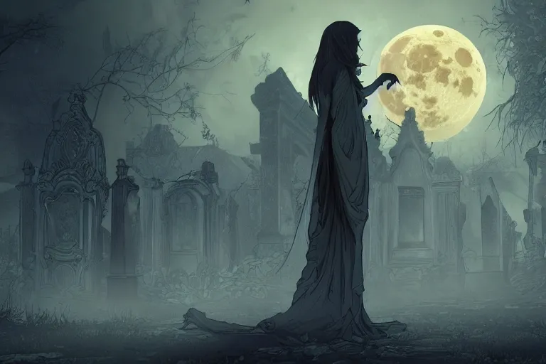 Prompt: an ultra detailed animation of a ghost in a graveyard at midnight on halloween, digital art, dark fantasy, concept art, soulslike, by alphonse mucha, blood moon eclipse, ruined building in the background, artstation, 8 k, unreal engine render