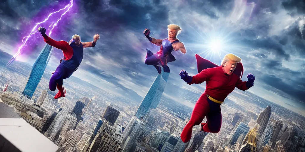 Prompt: a professional photo of donald trump fighting thanos on top of trump tower, extremely high fidelity. key light.