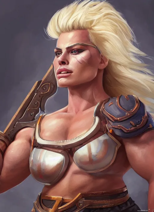 Prompt: detailed portrait of margot robbie as a thick female bodybuilder barbarian zarya from overwatch, attractive, beautiful, fantasy, intricate, elegant, highly detailed, digital painting, artstation, concept art, matte, sharp focus, illustration, art by aenaluck, artgerm and roberto ferri and greg rutkowski, epic fantasy, digital painting